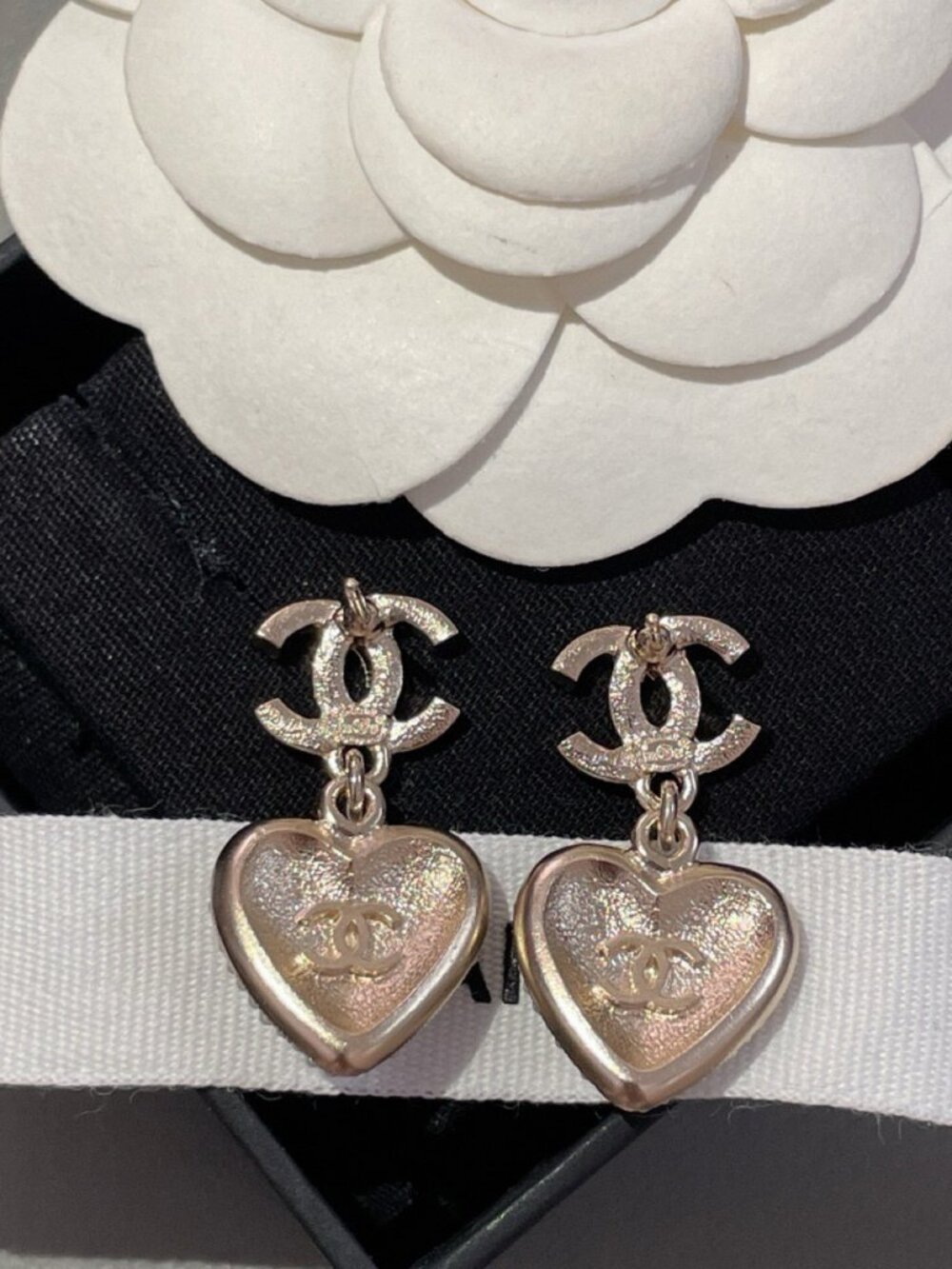 Chanel Gold-Tone Textured Heart Drop Earrings